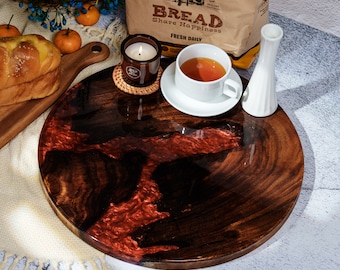 Reversible 16&quot; Wood and Epoxy Resin Lazy Susan- Large Red Wooden Lazy Susan Turntable Stand Kitchen Dining Table Top Organizer