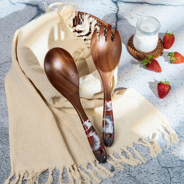 Wood & Resin Serving Spoons - A set of 2 - Wooden Red Grey Serving Utensils, Wedding Gift for her, Wooden Salad Serves, Kitchen Utensils