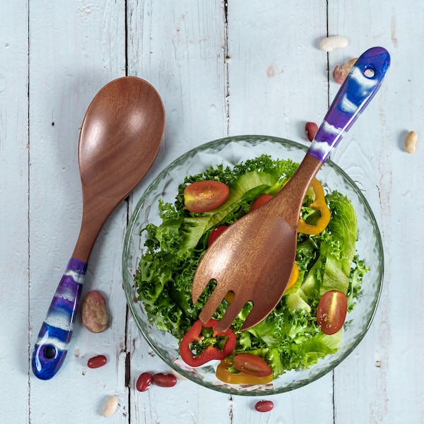 Wood & Resin Serving Spoons - A set of 2 - Wooden Purple Blue Serving Utensils, Wedding Gift for her, Wooden Salad Serves, Kitchen Utensils