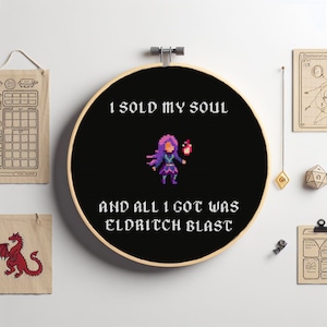 warlock, eldritch blast, cross stitch, pattern, dungeons, nerdy, pen and paper, marshmallow, witch, spell caster, spell, dragons