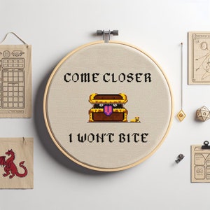 mimic, cross stitch pattern, dungeons, embroidery, come closer, treasure chest, gamers, geek, role play, pen and paper, dragons