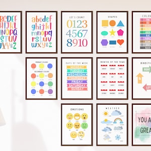 Kit de aprendizaje preescolar imprimible: ABC, 123, formas, colores, decoración de la pared de la sala de juegos para niños pequeños, decoración del aula Montessori, póster educativo
