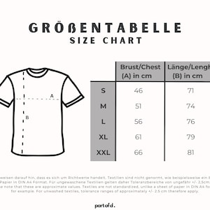 Übersicht der Größen von einem T-Shirt in einer Tabelle von S bis XXL. Zusätzlich eine schematische Skizze zur Veranschaulichung der Maße: Brust (A) und Länge (B).