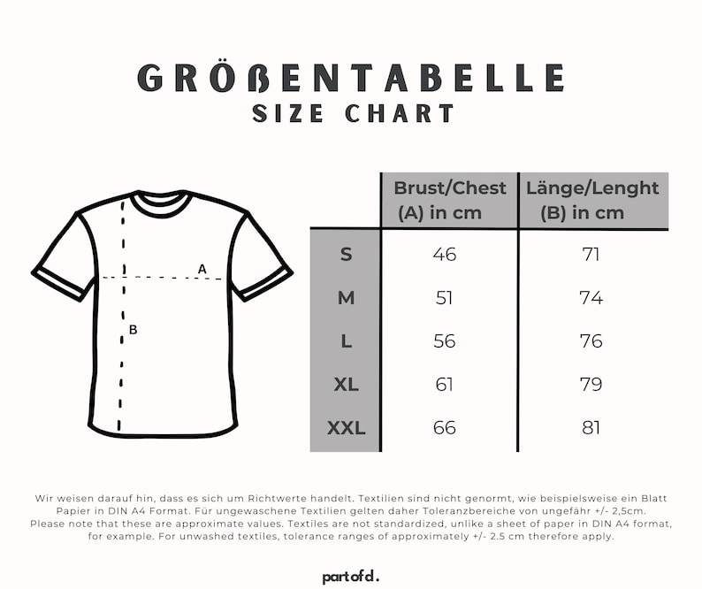 Übersicht der Größen von einem T-Shirt in einer Tabelle von S bis XXL. Zusätzlich eine schematische Skizze zur Veranschaulichung der Maße: Brust (A) und Länge (B).
