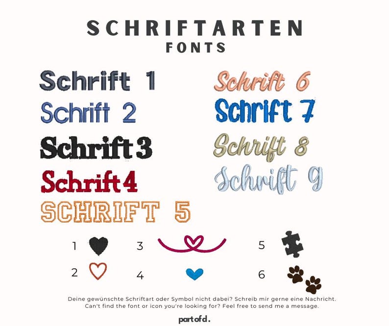 Eine Übersicht der Schriftarten für den Stick. Zusätzlich gibt es 6 Symbole, die gewählt werden können. Es gibt vier verschiedene Herzen, ein Puzzlestück und zwei Pfoten.