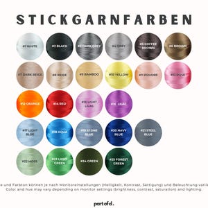 Übersicht über Stickgarnfarben von partofd. mit 25 verschiedenen Farbtönen. Die Farben sind nummeriert und benannt, darunter Weiß, Schwarz, Grau, Braun, Beige, Gelb, Orange, Rot, verschiedene Lila- und Blautöne sowie Grüntöne. Farbabweichungen können je nach Monitoreinstellung und Beleuchtung auftreten.