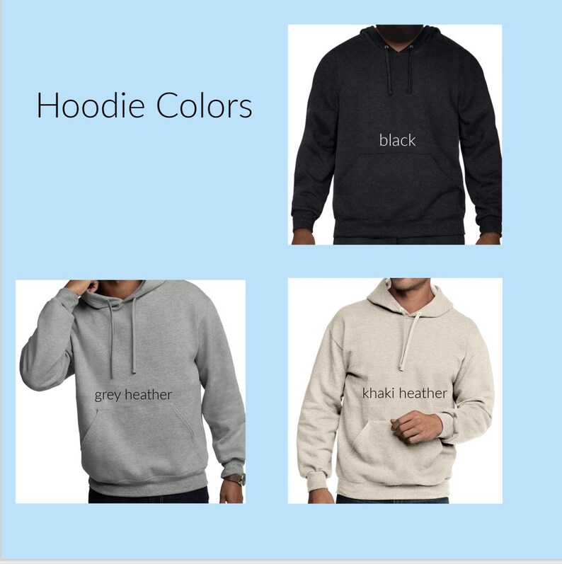 K&ouml;nnte beinhalten: Hoodie-Farben: Schwarz, Grau meliert, Khaki meliert. Nahaufnahme von drei Kapuzenpullovern in verschiedenen Farben.