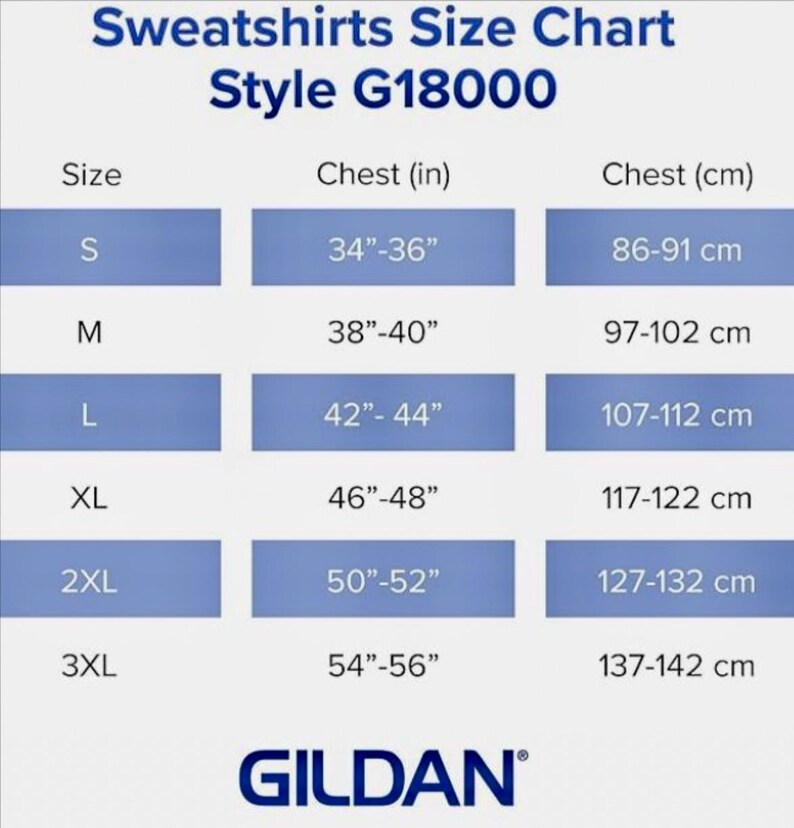 K&ouml;nnte beinhalten: Gr&ouml;&szlig;entabelle f&uuml;r Sweatshirts im Stil G18000, mit Brustumfang in Zoll und Zentimetern f&uuml;r die Gr&ouml;&szlig;en S, M, L, XL, 2XL und 3XL. Die Tabelle ist unten mit "GILDAN" beschriftet.