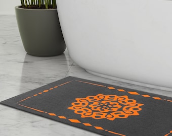 ELEVAVIDA® bath mat 100% cotton - 1000 g/m2 - grey / anthracite with mandala in orange - machine washable - shower mat for bathroom