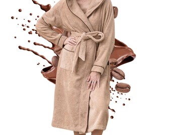 ELEVAVIDA® Women's Bathrobe made of cuddly cotton - Beige / Brown - Terry cloth 400 g/m2 extra soft and comfortable - OEKO-TEX certified