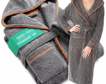 ELEVAVIDA® Women's Bathrobe made of cozy cotton - Grey / Orange - Terry cloth 400 g/m2 extra soft and comfortable - OEKO-TEX certified