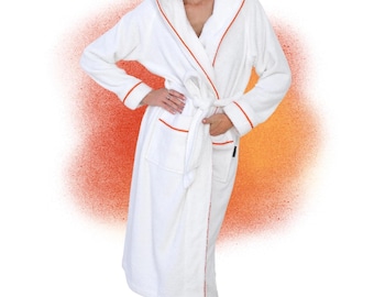 ELEVAVIDA® Women's Bathrobe made of cozy cotton - White / Orange - Terry cloth 400 g/m2 extra soft and comfortable - OEKO-TEX certified