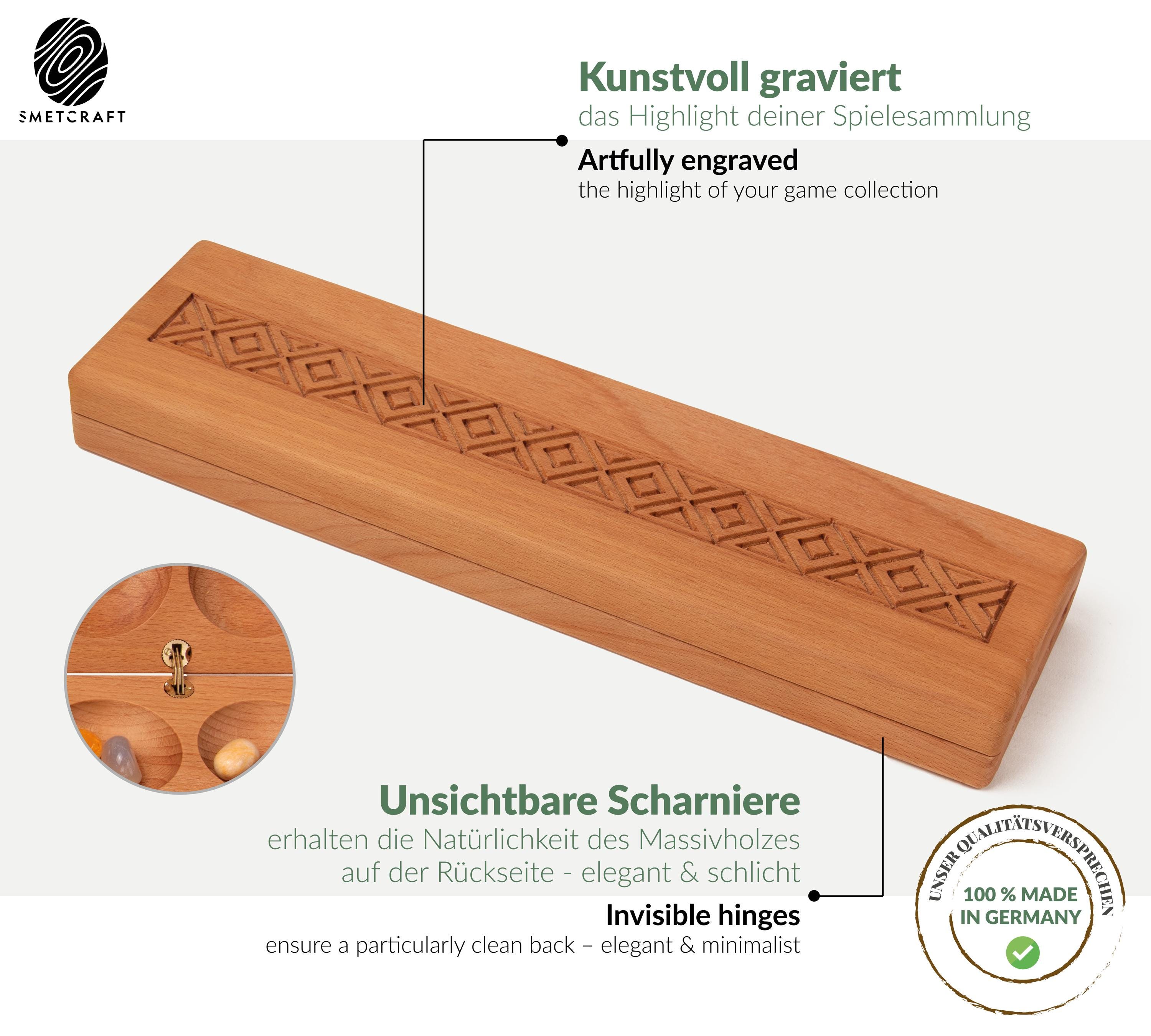 LOGOPLAY Hus, Bao, Kalaha, Mancala, Gioco di Pietre, Gioco di Gemme in Legno Di Samena Con Pietre Preziose (Marrone) - Giochi e Prodotti per l'Età Evolutiva