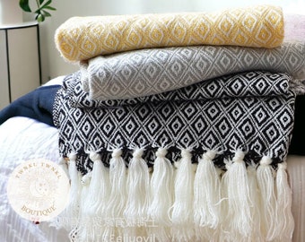Turkish Style Woven Throw Blanket | Cozy Boho Tassel Knit Blanket | Thick Cotton Blend Nordic Throw Blanket | Aesthetic Housewarming Gift