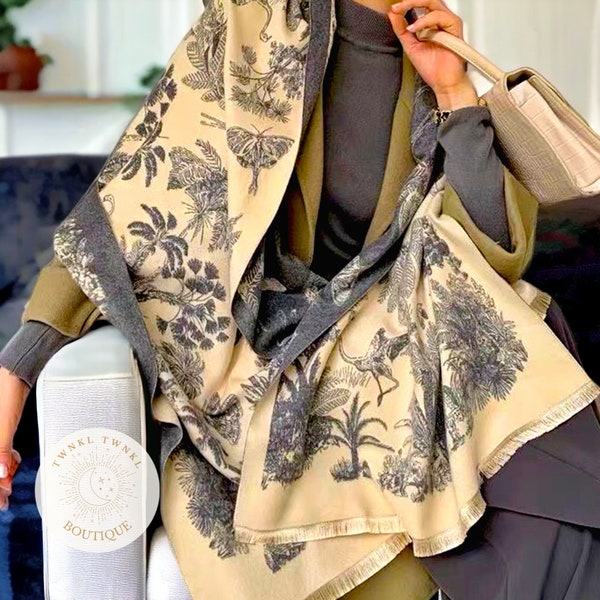 Cashmere Blend Botanical Scarf for Women | Double-Sided Cream Scarf | Japanese Style Pashmina Scarf | Animal Printed Scarf