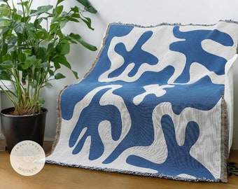 Blue Bohemian Throw Blanket | Woven Sofa Blanket | Handmade Knit Blanket with Geometrical Print | Aesthetic Beach Home Decor | New Home Gift