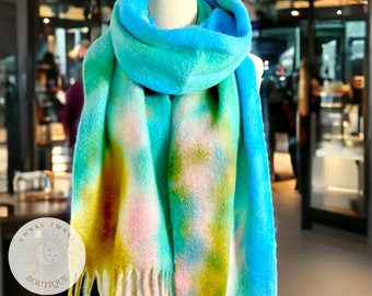 Blue Tie Dye Fringe Tassel Scarf for Women | Multicolor Wool Blend Scarf | Thick Knitted Pashmina Shawl | Rainbow Scarves | Spring Scarf