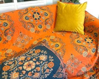 Double Sided Orange Floral Throw Blanket | Orange and Green Cotton Throw Blanket | Reversible Boho Sofa Throw | Floral Design Throw