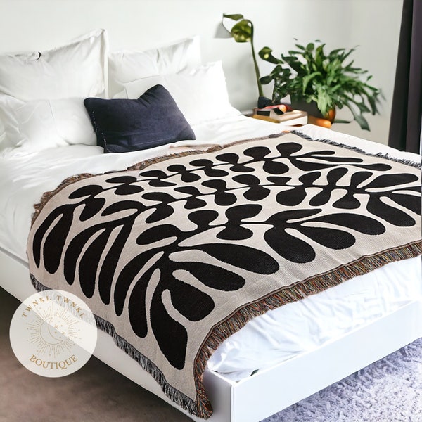 Black Fringed Throw Blanket | Woven Sofa Blanket | Bohemian Knit Blanket with Geometrical Print | Aesthetic Beach Home Decor | New Home Gift