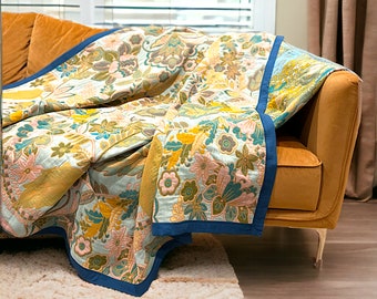 Coperta da tiro in cotone floreale su due lati / Coperta da divano a fiori reversibile / Coperta da divano floreale verde e blu / Copriletto matrimoniale