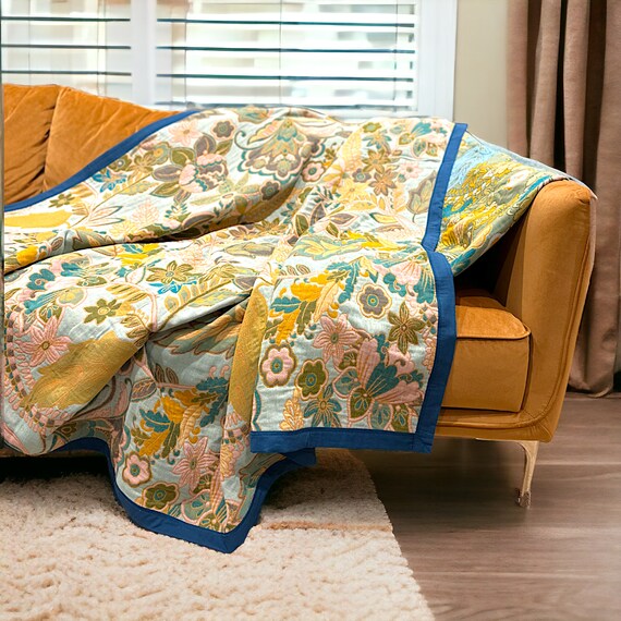 Two Sided Floral Cotton Throw Blanket Reversible Flower Couch Blanket Green and Blue Floral Sofa Throw Double Side Bed Cover Etsy