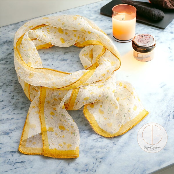 Écharpe fleurie pour femme | Écharpe fine et légère à fleurs | Cadeau unique pour elle | Écharpe de luxe jaune crème | Écharpes fleuries | Foulard en mousseline de soie