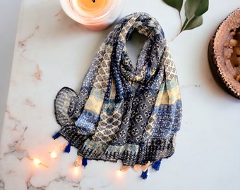 Boho Lightweight Silk Feel Scarf | Blue and Gold Ethnic Scarf  | Unique Retro Tassel Pashmina Scarf | Women Scarf with Gift Box