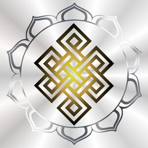 May include: A gold and black endless knot symbol, also known as a Tibetan knot, is centered in a silver mandala with eight petals. The symbol is a representation of infinity, eternity, and interconnectedness.