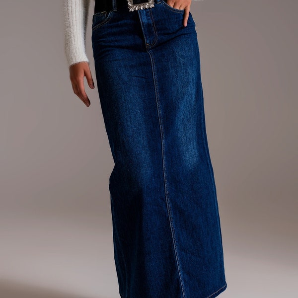 Full Length Stretch Denim 90's Skirt in Dark Wash