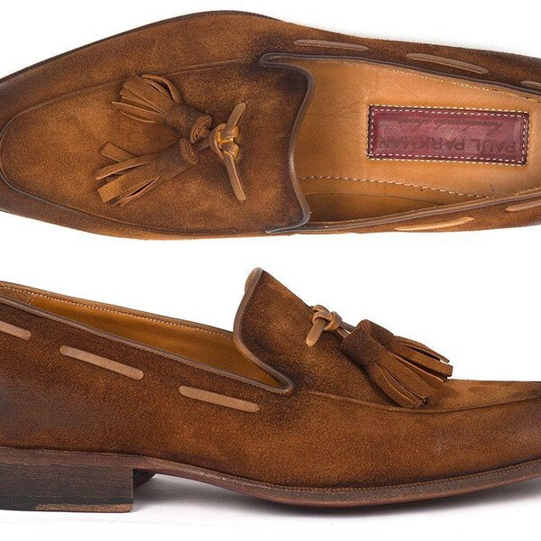 Paul Parkman Men's Tassel Loafer Brown Antique Suede Shoes (ID#TAB32FG)