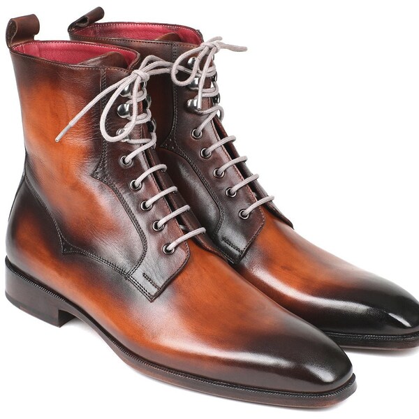 Paul Parkman Men's Brown Burnished Leather Lace-Up Boots (ID#BT534-BRW)