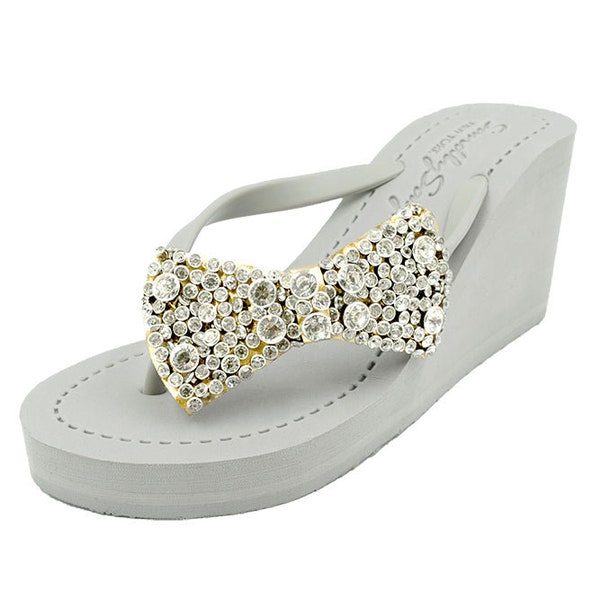 Madison Bow-  Crystal Stones Embellished Women's High Wedge Flip Flops Sandal