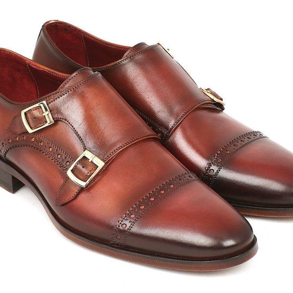 Paul Parkman Men's Cap-Toe Double Monkstraps Camel and Light Brown (ID#0457-CML)