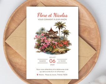 Carte invitation mariage modifiable, invitation mariage thème thaïlande, invitation mariage thème voyage de noce, invitation mariage Canva