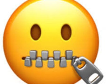 May include: A yellow emoji depicting a smiling face with closed eyes. The mouth is replaced by a silver zipper, with the pull tab showing. The image is a digital illustration.