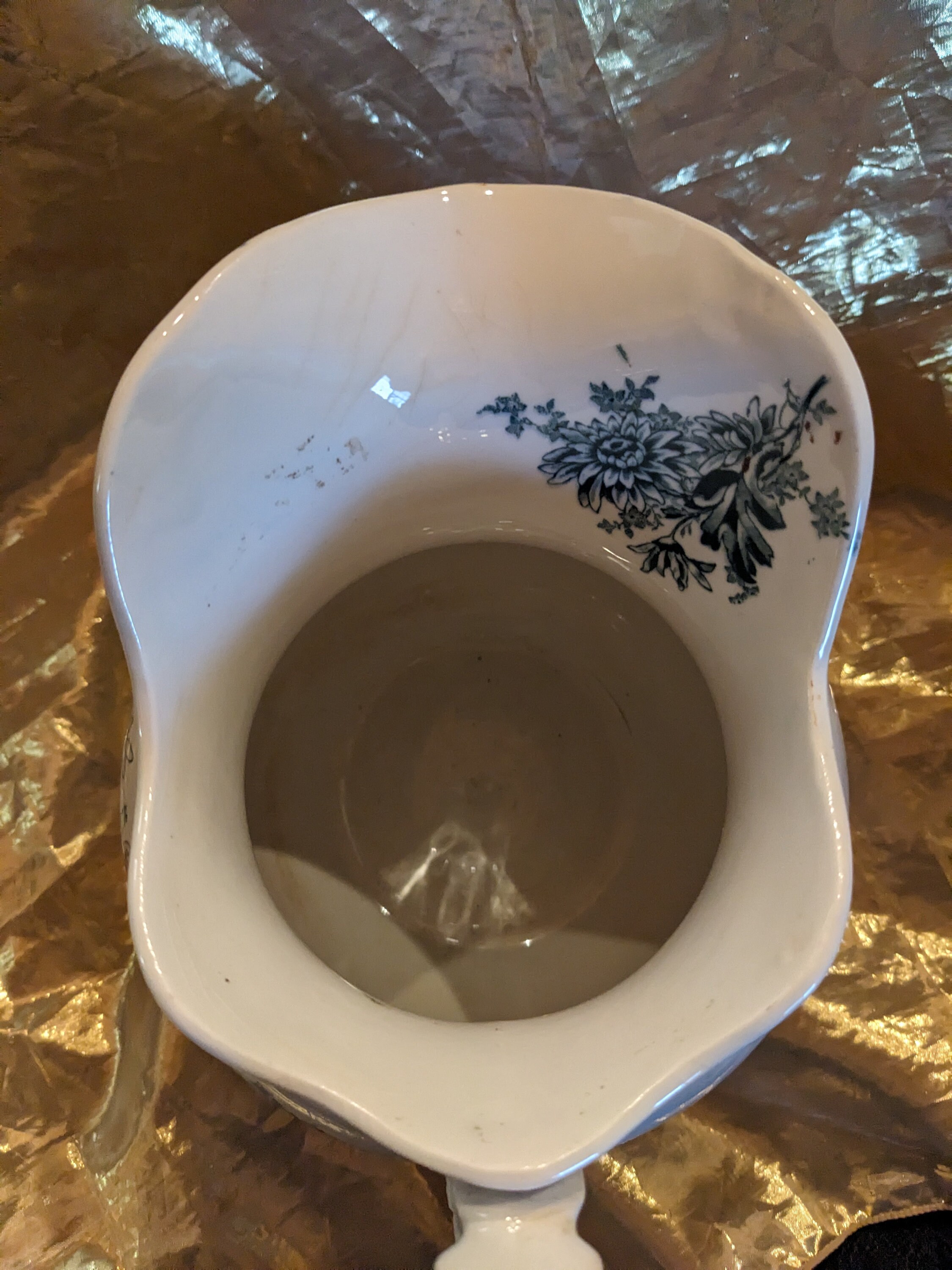 Pitcher, 1890's Buffalo Pottery Large Chrysanthemum Toile Print