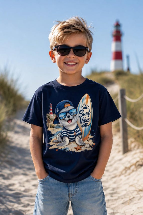 Kids' T-Shirt Seal Surf Vibes | North Sea Kids' Shirt Navy | Lighthouse Beach Motif | Gift for Boys and Girls Seaside Holiday