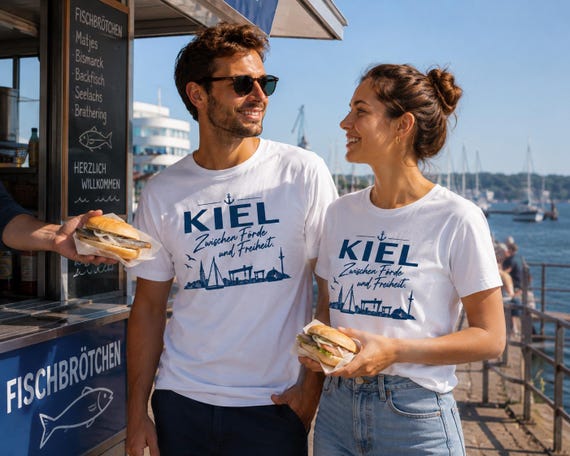 Kiel Unisex T-Shirt, Skyline Shirt Between Fjord and Freedom, Gift for Sailors on the Baltic Sea, Kiel Week Souvenir, Cotton S-XXL