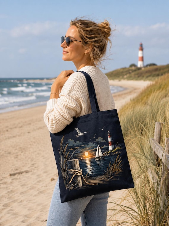 Lighthouse-themed tote bag, nautical design, cotton bag with sailboat and night sky motif, gift for Sylt and the North Sea, blue beach bag, shopping bag 38 x 42 cm