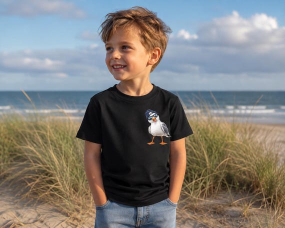 Children's T-shirt with seagull, hat, and sunglasses, North Sea/Baltic Sea shirt, Coastal Wind Collection, 100% cotton, unisex