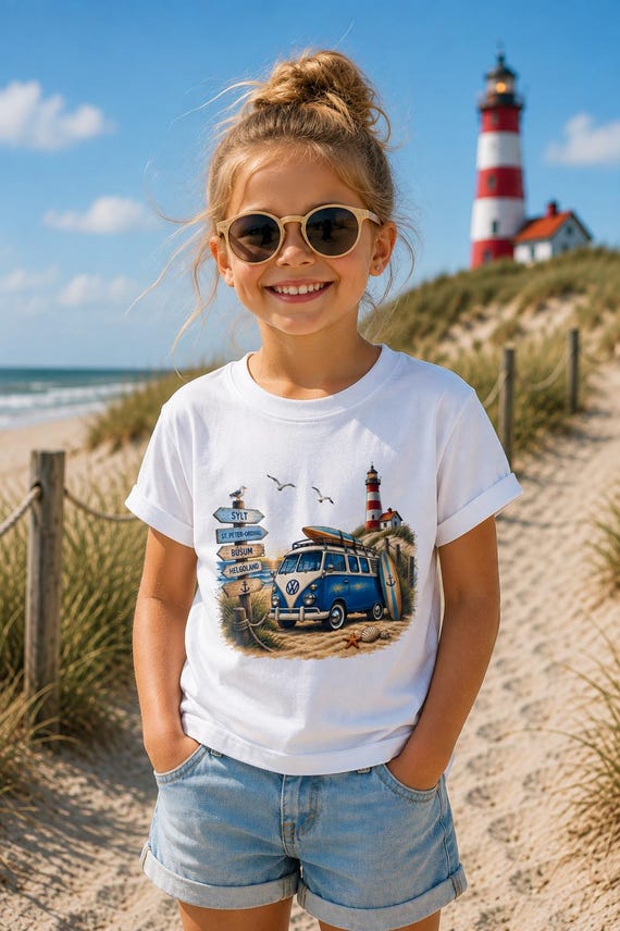 Children's T-shirt North Sea VW Bulli Lighthouse Sylt Büsum Helgoland Beach Motif Unisex Cotton