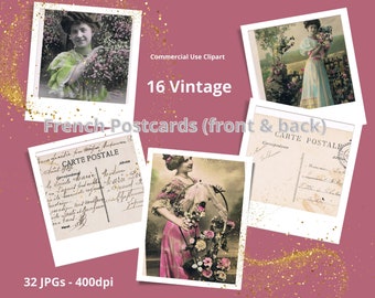 16 French Antique Vintage Postcard Scans - Cartes Postales Digital Illustrations - jpegs - Commercial Use - Front and Back