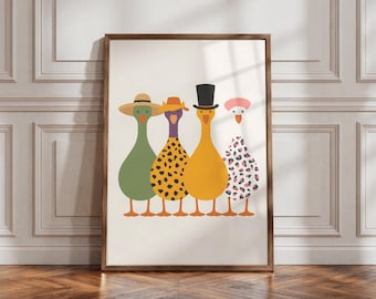May include: A framed wall art print featuring four stylized geese standing in a row. The first goose is green with a straw hat, the second is purple with a leopard print body and orange hat, the third is yellow with a black top hat, and the fourth is white with a pink leopard print pattern.