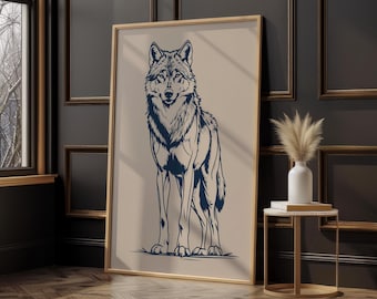 Stampa minimalista di un lupo stilizzato, poster da parete con lupo, illustrazione di animali selvatici, decorazione moderna ispirata alla natura, decorazione per la baita nel bosco.