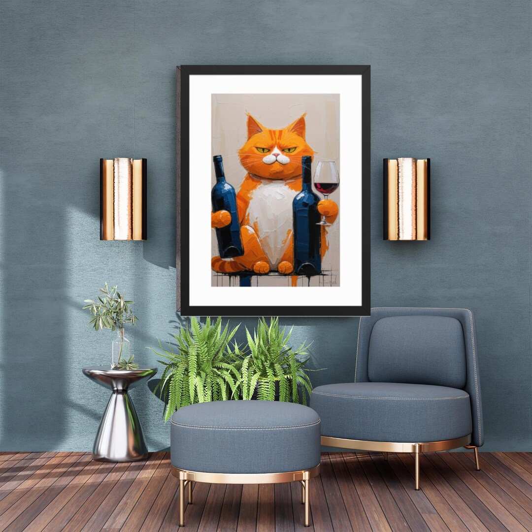 Funny Wine Cat Art Print – Grumpy Orange Tabby With Wine Bottles ...