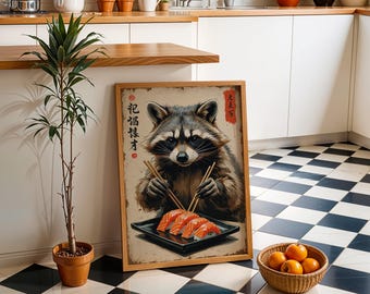 Whimsical Raccoon Wall Art Print, Modern Animal Poster, Playful Sushi Art, Contemporary Asian‑Inspired Decor, Detailed Illustration Print