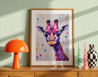 Pink Giraffe Wall Art – Whimsical Animal Print – Colourful Kids Room Decor