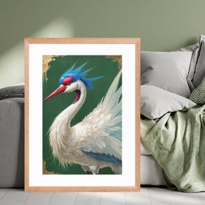 White & Blue Stork Wall Art - Japanese Style Bird Print - Elegant Nature Artwork