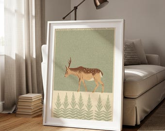 Deer Wall Art Print, Modern Nature Illustration, Minimalist Woodland Decor, Contemporary Animal Poster, Deer Artwork
