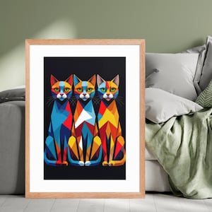 Geometric Cat Print (Digital Download)  – Colourful Abstract Trio on Black Background